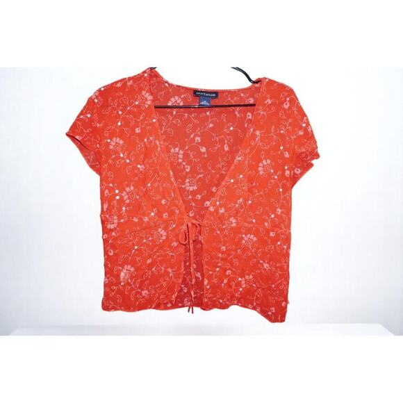 Ann Taylor Silk Blouse Women’s Size 10 Red Floral Tie Front Sheer Top Short Slee - Picture 3 of 12